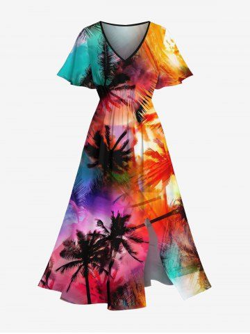 Robe mi-longue hawaïenne grande taille à imprimé graffiti ombré cocotiers et poches fendues - MULTI-A - 6X