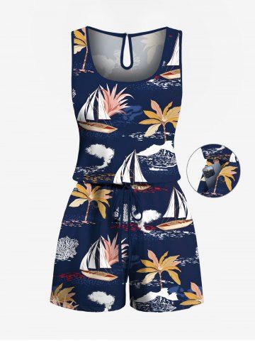 Plus Size Coconut Tree Sailboat Print Hawaii Drawstring Pocket Romper