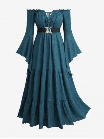 Plus Size Solid Textured Flare Sleeve A Line Dress with Removable Belt and Shoulder Strap - DEEP BLUE - 4X | US 26-28