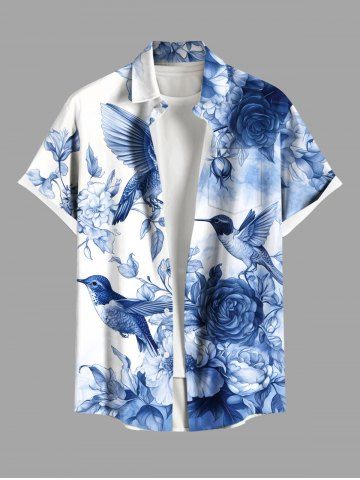 Plus Size Ombre Floral Leaves Bird Print Hawaii Button Pocket Shirt For Men - BLUE - L
