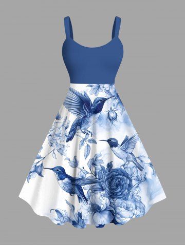 Robe débardeur grande taille à imprimé floral ombré, feuilles et oiseaux, style hawaïen, coupe trapèze. - BLUE - S