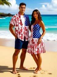 Patriotic American Flag Fish Print Plus Size Matching Outfit For Couples -  