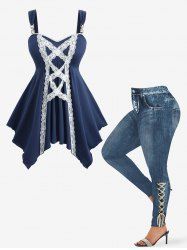 Ensemble haut mouchoir bicolore à lacets et legging skinny en denim imprimé ombré grande taille - Bleu 