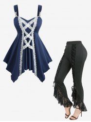 Ensemble haut mouchoir bicolore à lacets et pantalon évasé à volants en résille tête de mort, grande taille - Bleu 