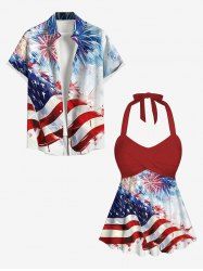 Patriotic American Flag Fireworks Print Shirt Swimsuit Plus Size Matching Outfit For Couples -  