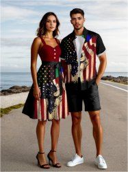 Tenue assortie grande taille avec imprimé drapeau américain patriotique et peinture à l'encre pour couples - Rouge foncé 