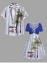 Striped Coconut Tree Deck Chairs Parquet Print Plus Size Matching Hawaii Beach Outfit For Couples -  