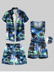 Ensemble chemise hawaïenne, short et barboteuse grande taille, imprimé cocotiers et paysage marin, pour couple - Bleu 
