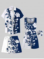 Matching Hawaii Shirt Shorts and Romper Plus Size Beach Outfit Two Tone Flower Branch Curve Print For Couples -  