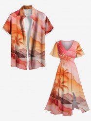 Tenue de plage hawaïenne assortie grande taille, motif ciel ombré, nuages, cocotiers, pour couples - orange clair 