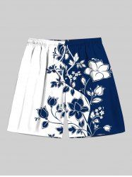 Plus Size Two Tone Flower Leaf Branch Print Hawaii Drawstring Beach Shorts For Men -  