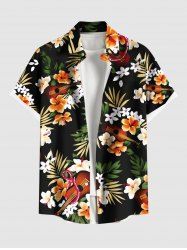 Plus Size Tropical Leaves Floral Guitar Print Hawaii Button Pocket Shirt For Men -  
