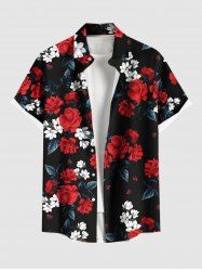 Chemise hawaïenne à boutons et poches, grande taille, imprimé floral bicolore, feuilles ombrées, pour homme - Noir 5XL