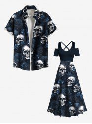 Skulls Rose Flower Print Plus Size Matching Hawaii Beach Outfit For Couples -  
