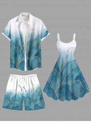 Tenue de plage hawaïenne assortie grande taille, motif feuilles tropicales ombrées, paillettes scintillantes, imprimé 3D, pour couples - Vert 