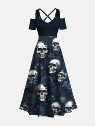 Robe longue hawaïenne grande taille à imprimé tête de mort et roses, épaules dénudées et croisée - Noir XS