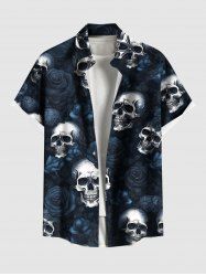 Chemise hawaïenne grande taille à boutons et poches, imprimé tête de mort et roses, pour homme - Bleu profond 2XL