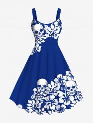 Robe débardeur hawaïenne grande taille à imprimé tropical, motif tête de mort, hibiscus, feuilles et fleurs - Bleu profond S