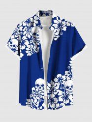 Plus Size Skulls Hibiscus Flower Leaf Tropical Print Buttons Pocket Hawaii Shirt For Men -  
