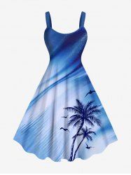 Robe débardeur hawaïenne grande taille à imprimé cocotiers et oiseaux ombrés - Bleu clair 4X