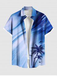 Chemise hawaïenne grande taille à imprimé cocotiers et oiseaux ombrés, boutons et poches pour homme - Bleu 2XL