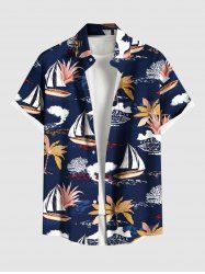 Plus Size Coconut Tree Sailboat Print Hawaii Button Pocket Shirt For Men -  