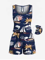 Plus Size Coconut Tree Sailboat Print Hawaii Drawstring Pocket Romper - Bleu profond 1X