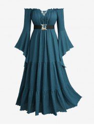 Robe trapèze texturée unie grande taille à manches évasées avec ceinture et bandoulière amovibles - Bleu profond 4X | US 26-28