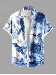 Plus Size Ombre Floral Leaves Bird Print Hawaii Button Pocket Shirt For Men -  