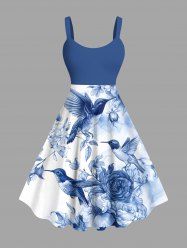 Robe débardeur grande taille à imprimé floral ombré, feuilles et oiseaux, style hawaïen, coupe trapèze. - Bleu 5X