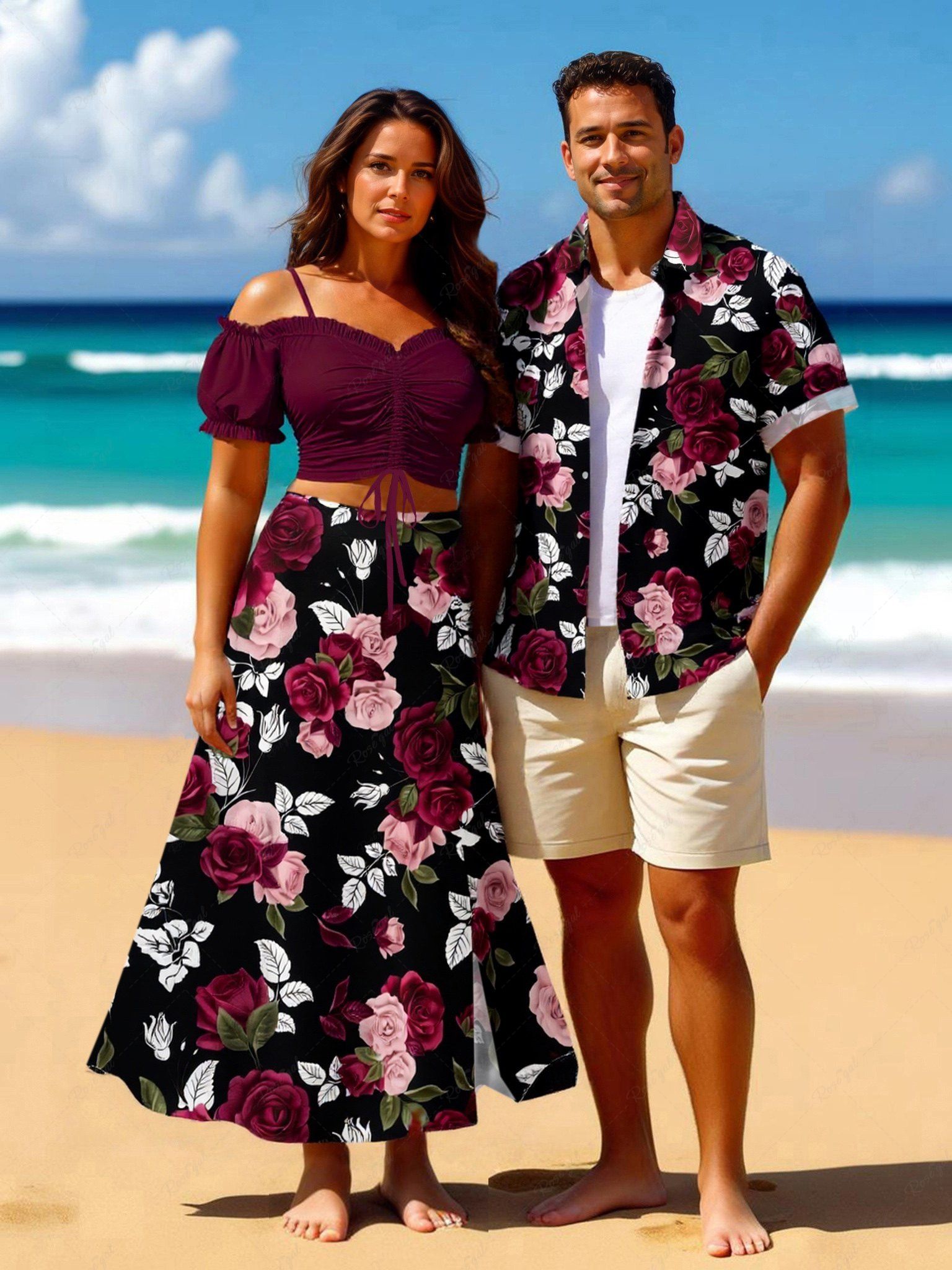 Tenue de plage hawaïenne assortie grande taille à imprimé feuilles de roses pour couples Rouge foncé 