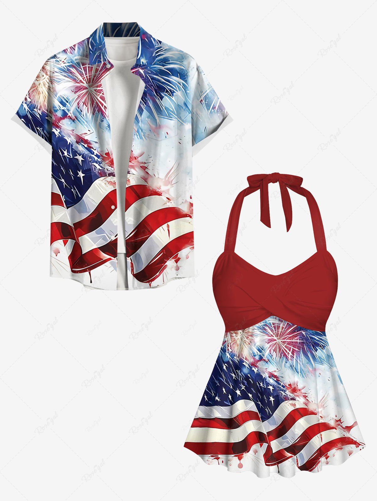 Outfit Patriotic American Flag Fireworks Print Shirt Swimsuit Plus Size Matching Outfit For Couples  