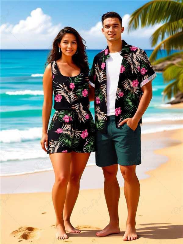 Ensemble chemise et barboteuse hawaïennes assorties, grande taille, tenue de plage à imprimé feuilles tropicales et fleurs pour couples Noir 