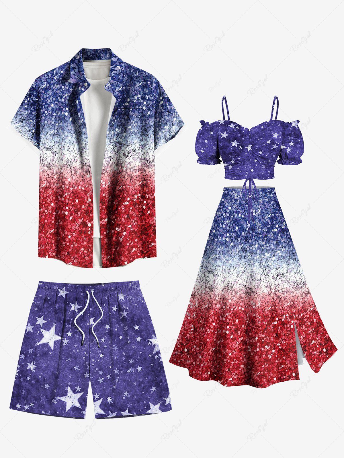 Online Patriotic American Flag Star Sparkling Sequin 3D Print Plus Size Matching Outfit For Couples  