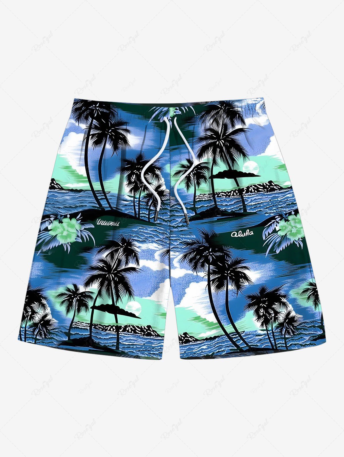 Latest Plus Size Coconut Tree Sea Seascape Print Hawaii Drawstring Beach Shorts For Men  