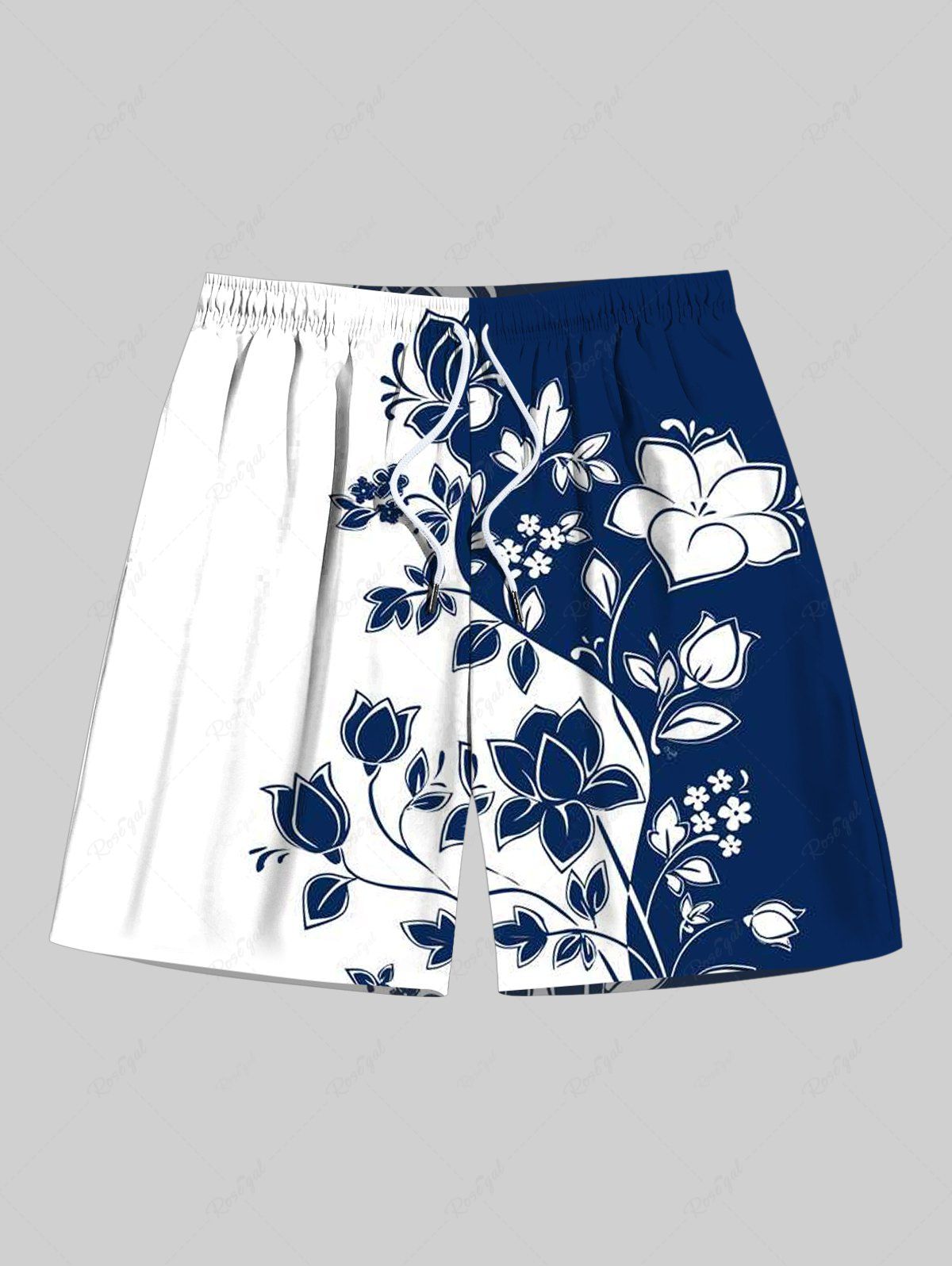 Outfits Plus Size Two Tone Flower Leaf Branch Print Hawaii Drawstring Beach Shorts For Men  