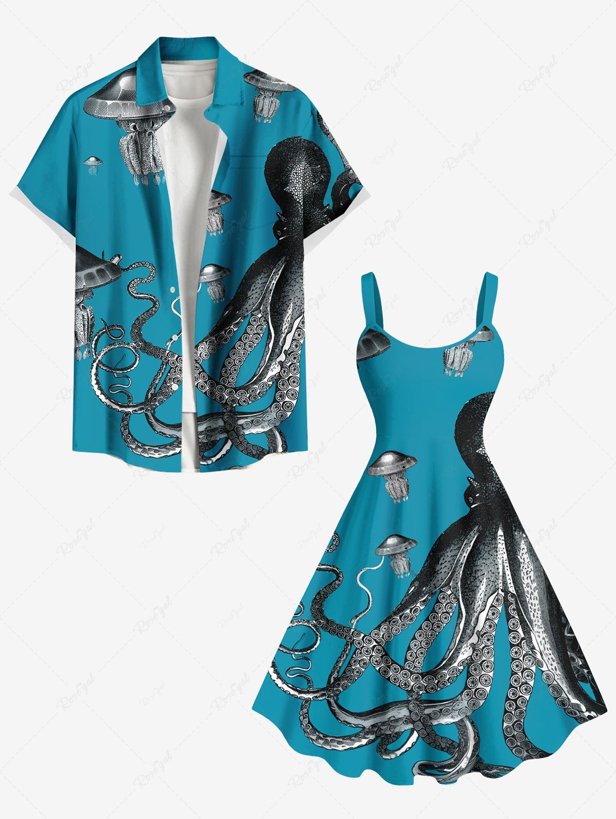 Shops Octopus Jellyfish Print Plus Size Matching Hawaii Sea Creatures Beach Outfit For Couples  