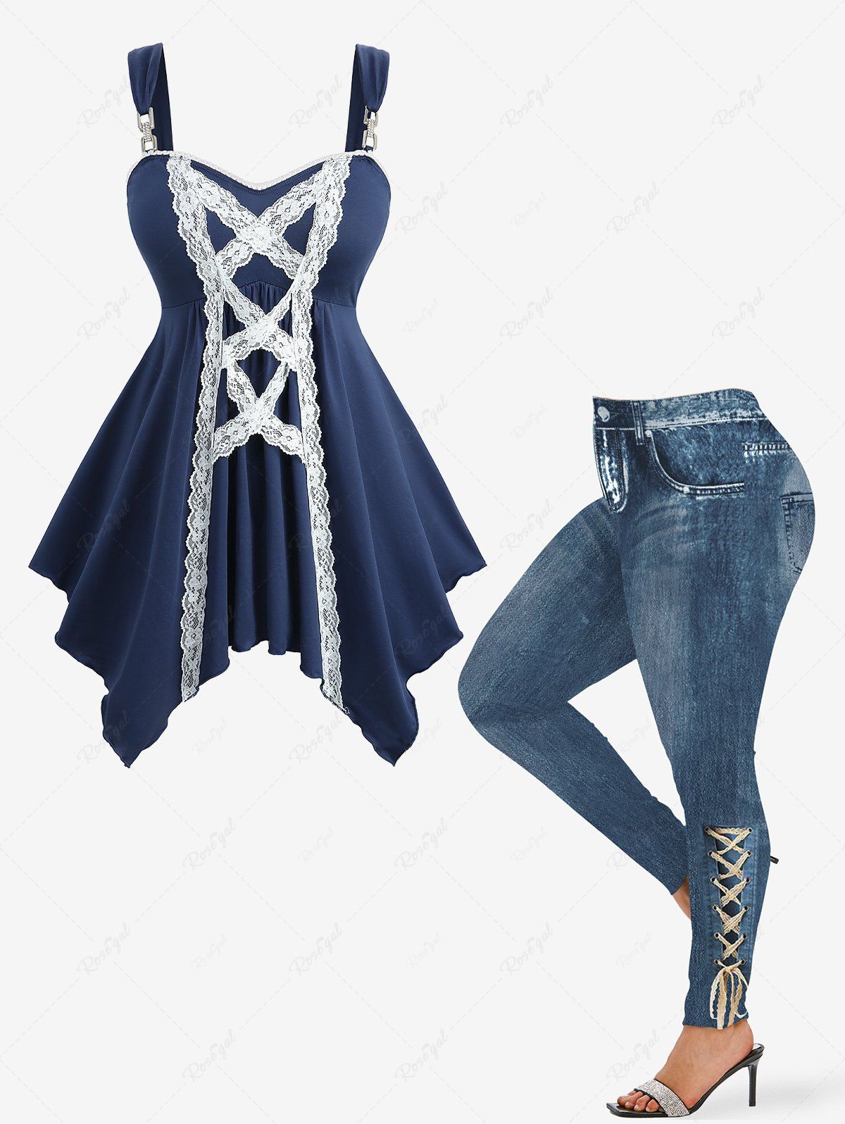 Ensemble haut mouchoir bicolore à lacets et legging skinny en denim imprimé ombré grande taille Bleu 