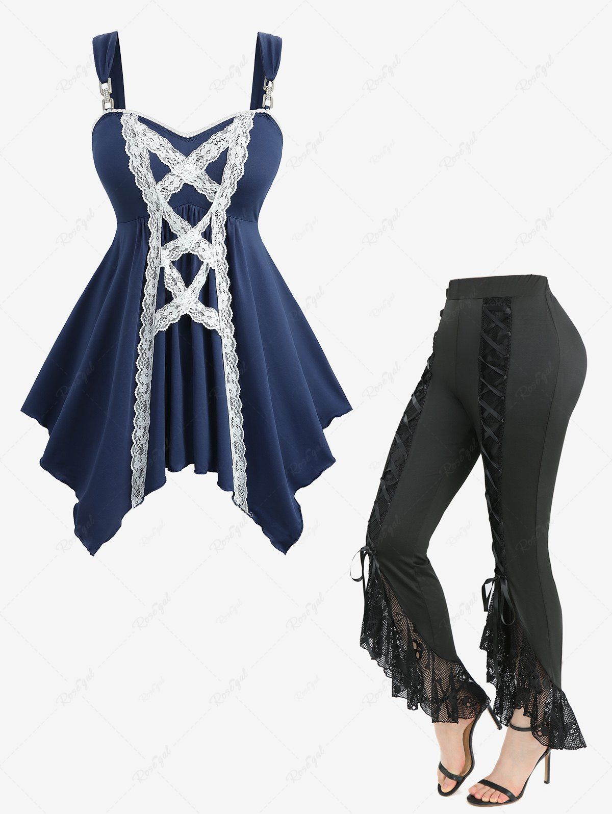 Ensemble haut mouchoir bicolore à lacets et pantalon évasé à volants en résille tête de mort, grande taille Bleu 