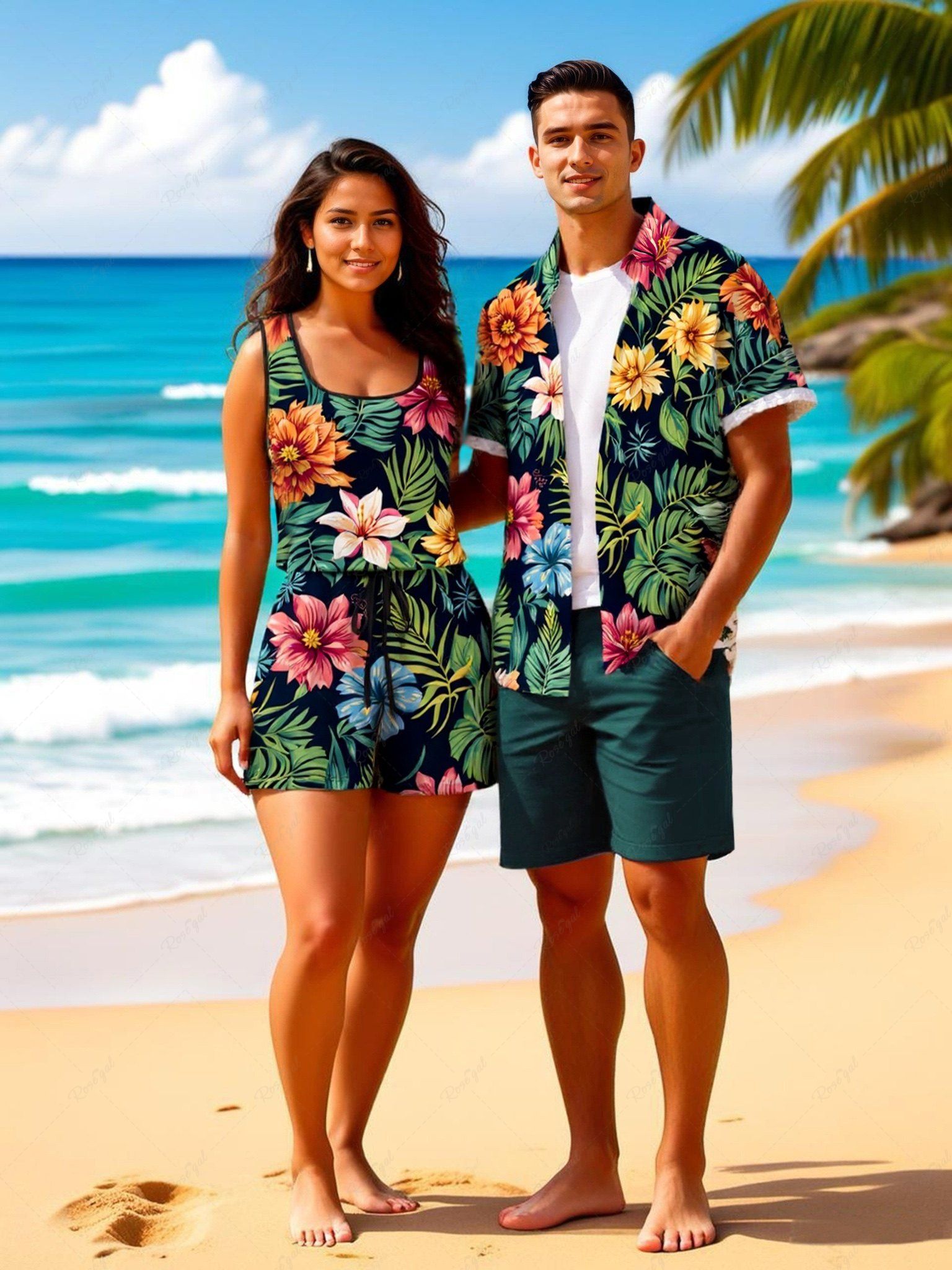 Ensemble chemise et barboteuse hawaïennes assorties, grande taille, tenue de plage à imprimé feuilles tropicales et fleurs pour couples Noir 