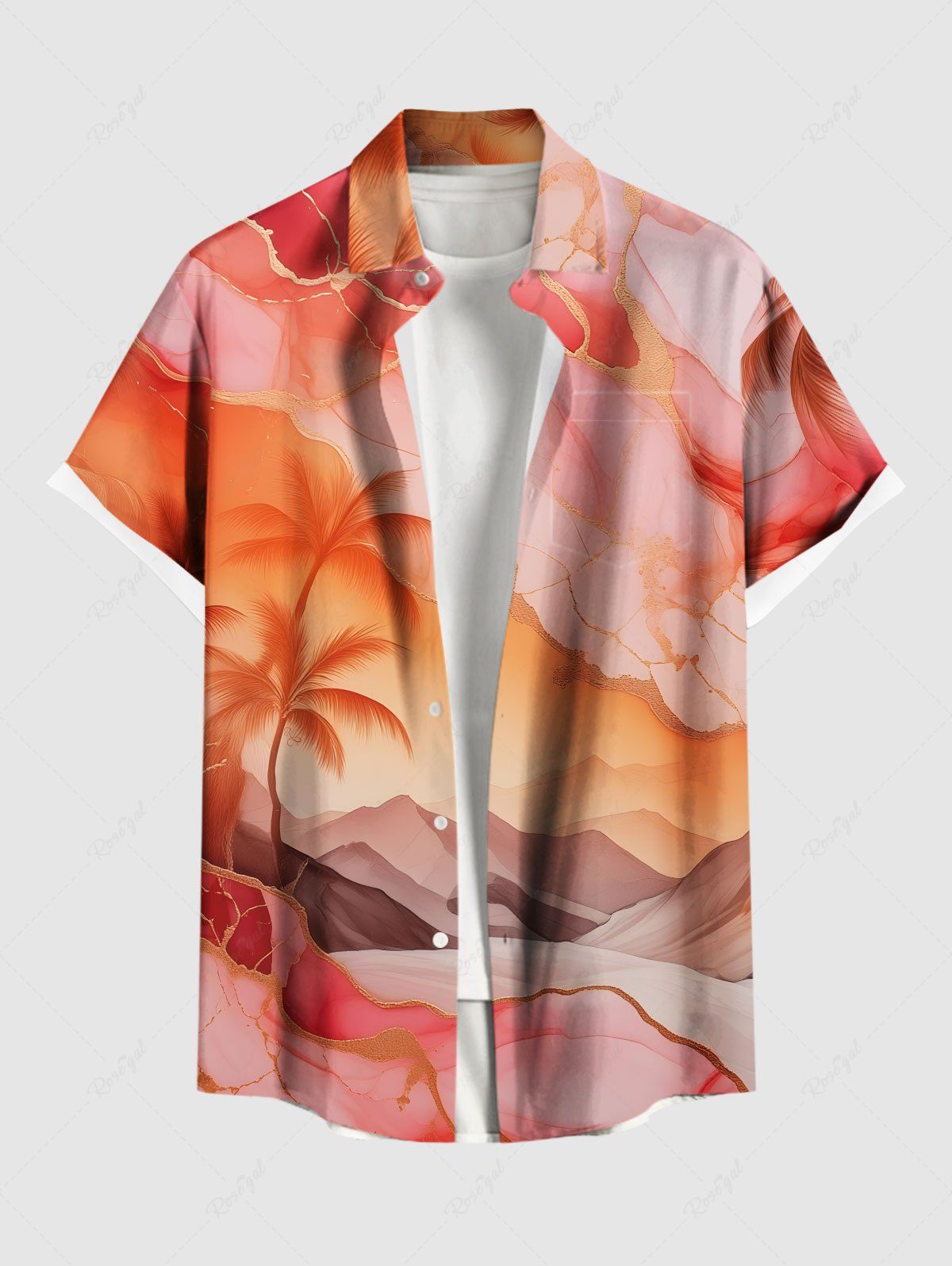 Unique Plus Size Ombre Sky Cloud Coconut Tree Print Hawaii Button Pocket Shirt For Men  