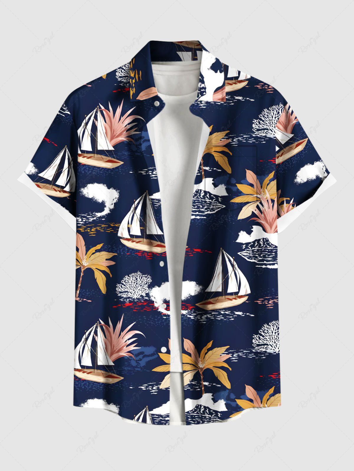Store Plus Size Coconut Tree Sailboat Print Hawaii Button Pocket Shirt For Men  