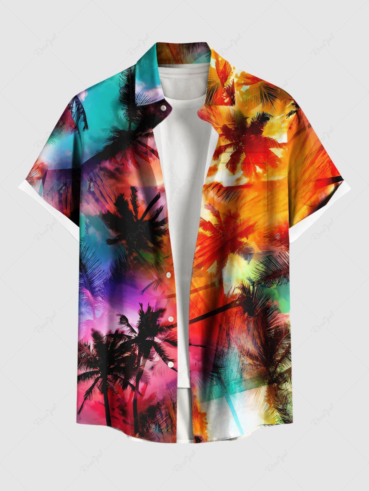 Unique Plus Size Coconut Tree Ombre Graffiti Print Hawaii Button Pocket Shirt For Men  