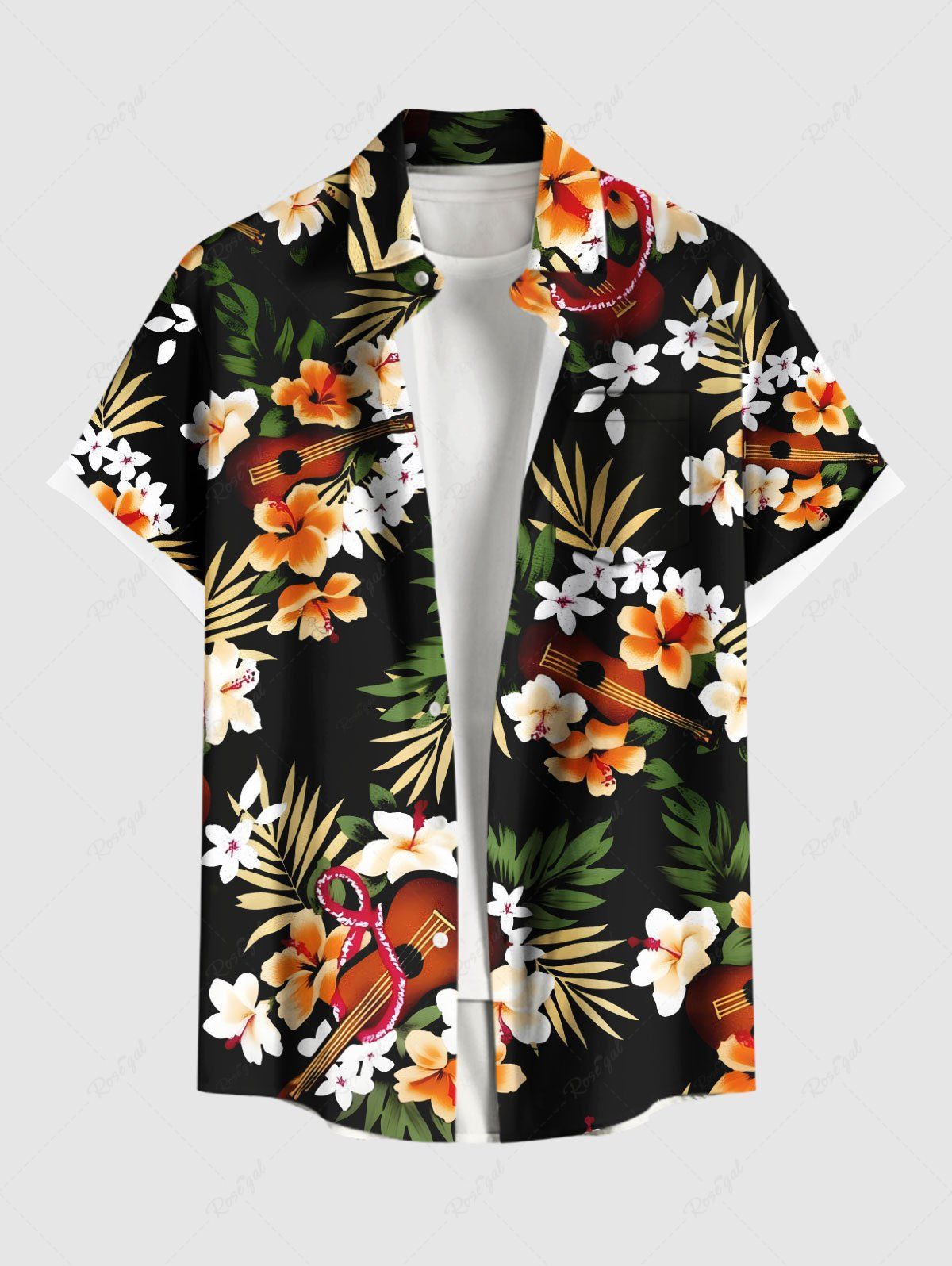 Online Plus Size Tropical Leaves Floral Guitar Print Hawaii Button Pocket Shirt For Men  