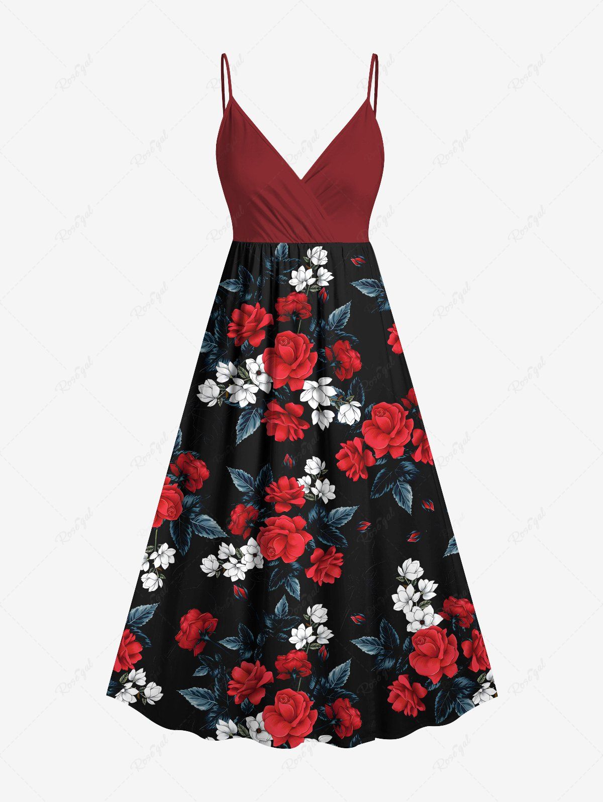 Robe caraco trapèze à volants et imprimé feuilles bicolores grande taille, style hawaïen Rouge 6X