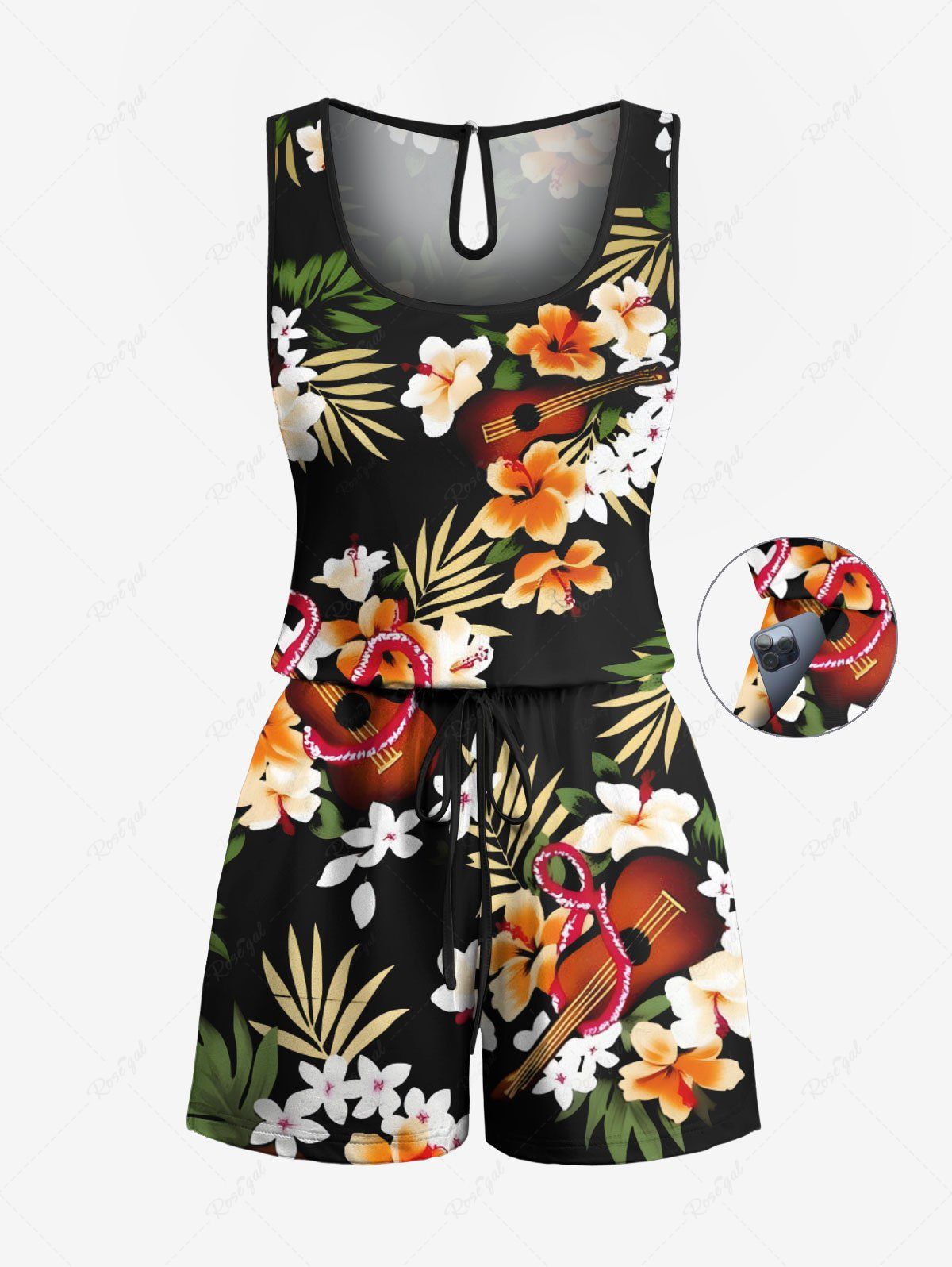 Fancy Plus Size Tropical Leaves Floral Guitar Print Hawaii Drawstring Pocket Romper  