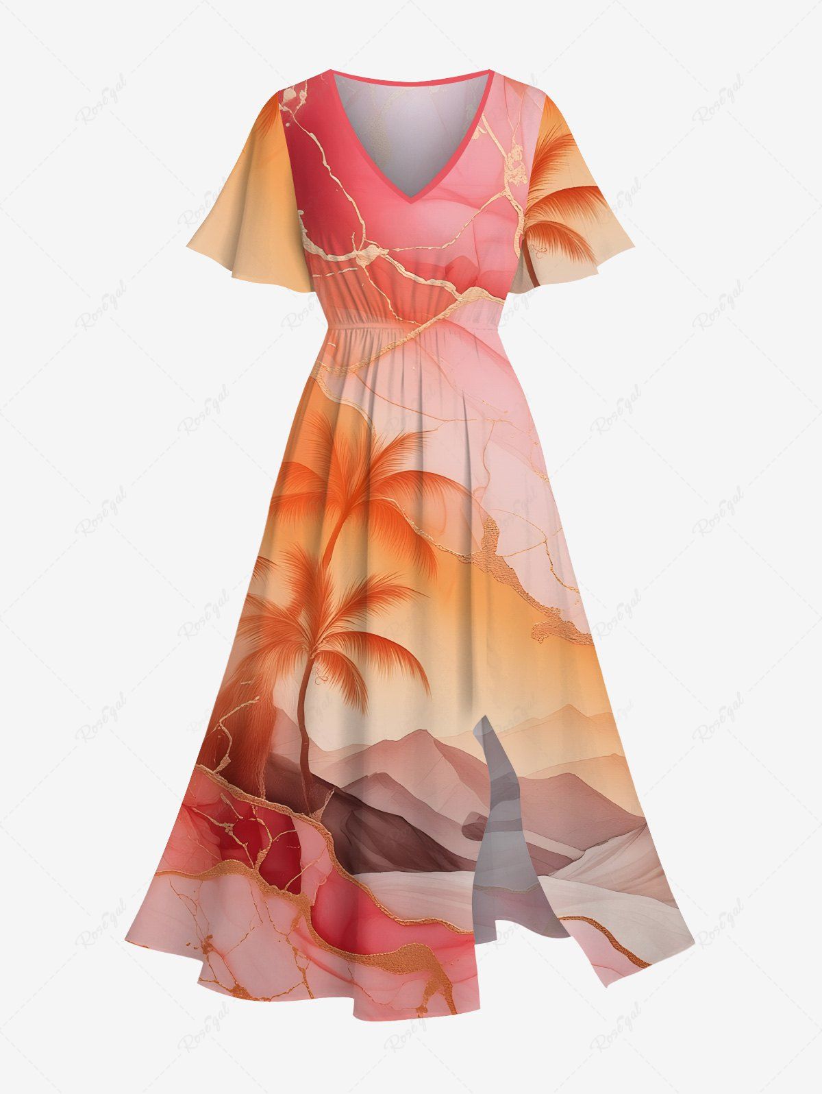 Discount Plus Size Ombre Sky Cloud Coconut Tree Print Hawaii Split Pocket A Line Midi Dress  