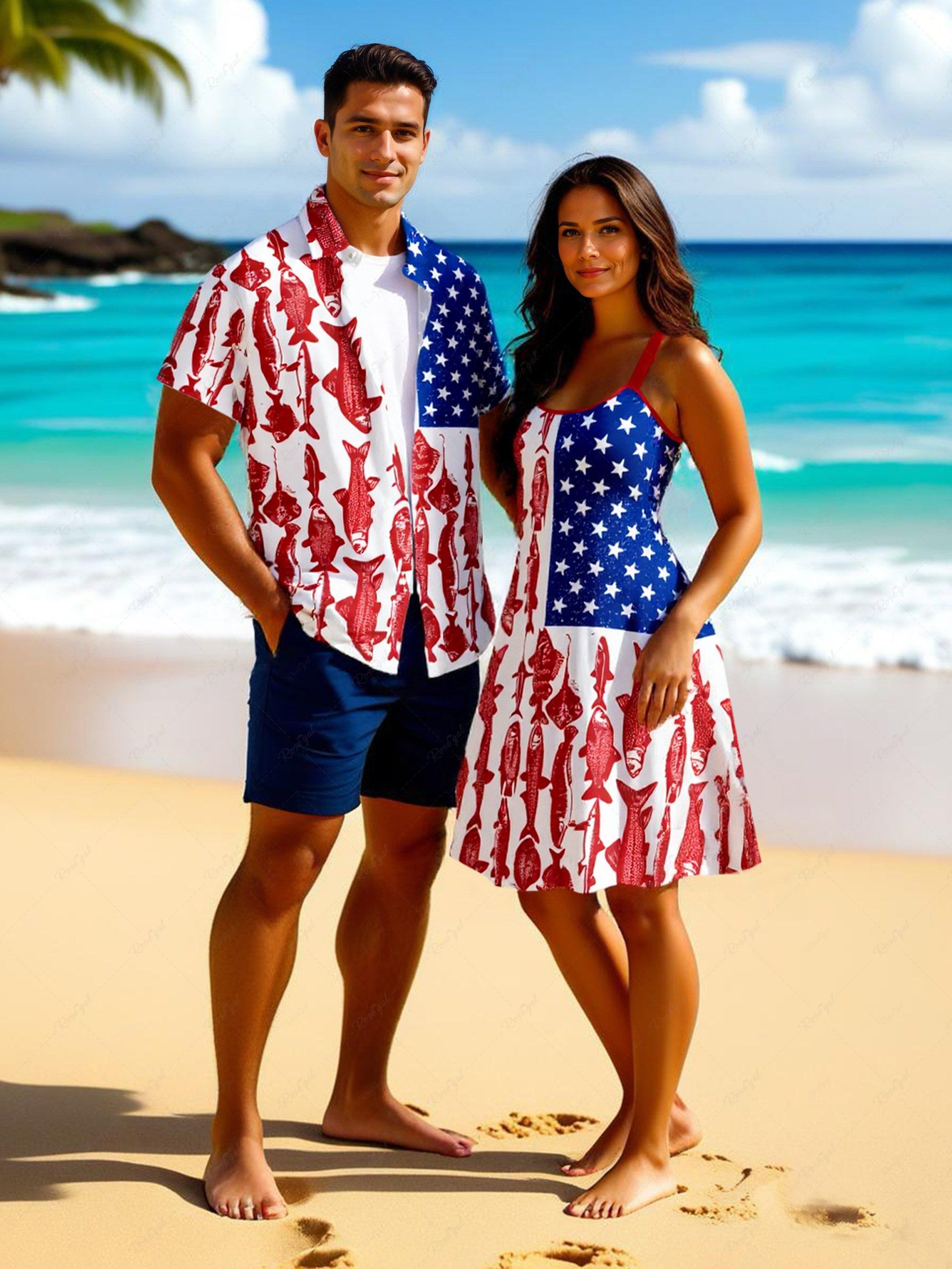 Latest Patriotic American Flag Fish Print Plus Size Matching Outfit For Couples  