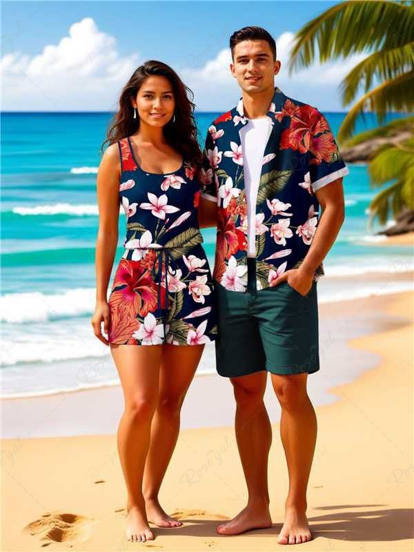 Ensemble chemise et barboteuse hawaïennes assorties, grande taille, tenue de plage, imprimé feuilles tropicales et hibiscus, pour couples Rouge 