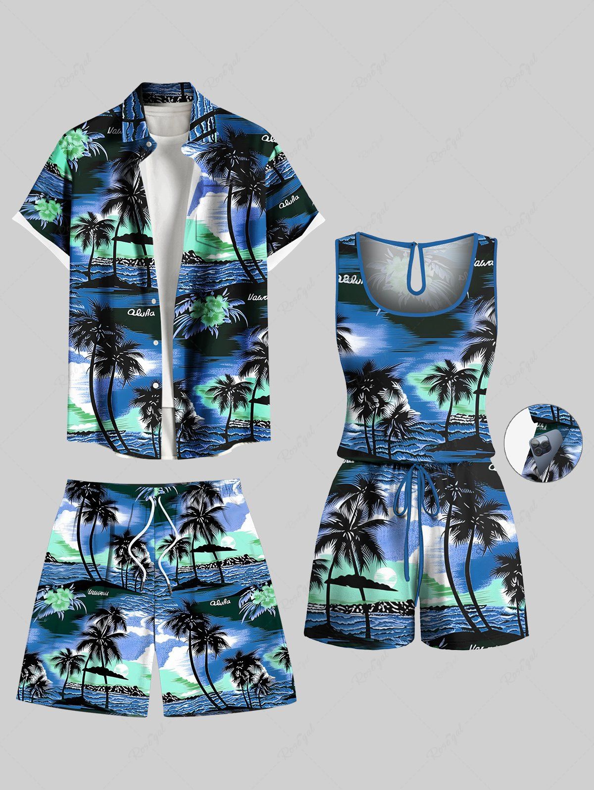 Ensemble chemise hawaïenne, short et barboteuse grande taille, imprimé cocotiers et paysage marin, pour couple Bleu 